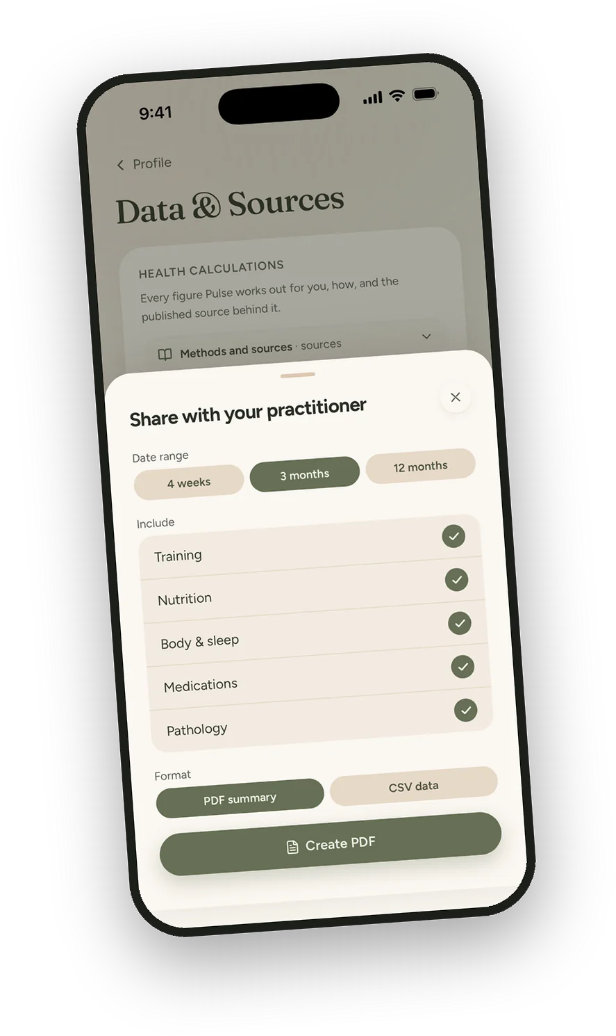 Practitioner export screen for choosing what goes into a PDF summary