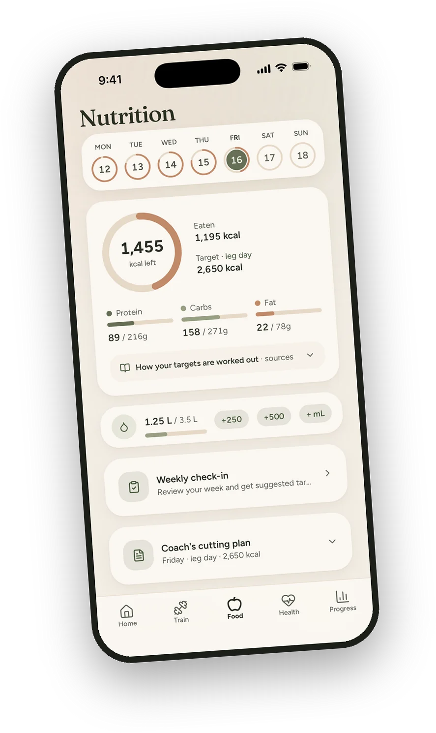Nutrition screen: calories left today, with protein, carbs and fat against targets